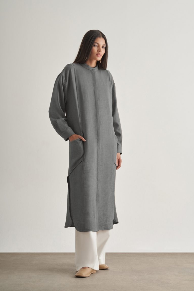 Mizalle Keten Dokulu Verev Cepli Gri Uzun Tunik - Mizalle