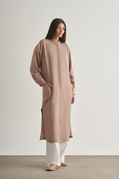 Mizalle Keten Dokulu Verev Cepli Kahverengi Uzun Tunik - Mizalle