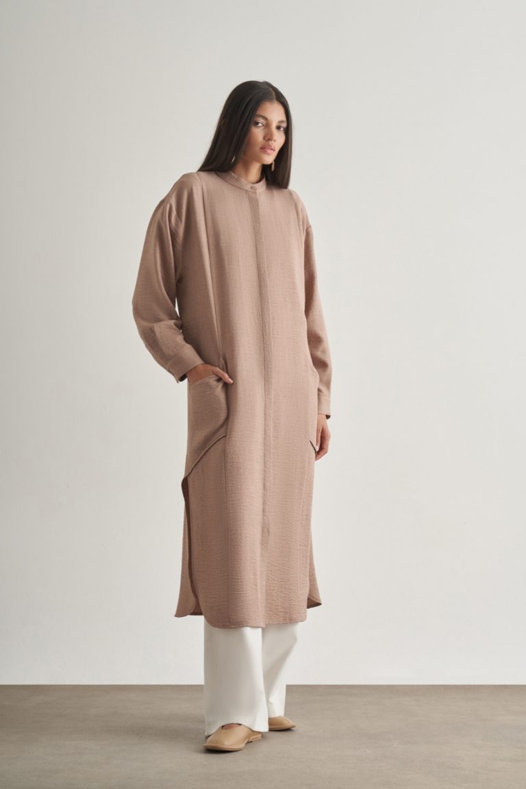 Mizalle Keten Dokulu Verev Cepli Kahverengi Uzun Tunik - Mizalle