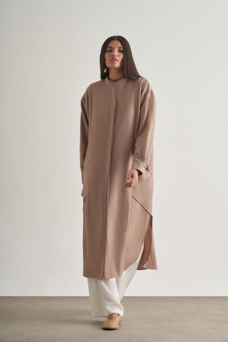 Mizalle Keten Dokulu Verev Cepli Kahverengi Uzun Tunik - Mizalle
