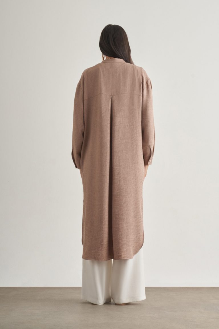 Mizalle Keten Dokulu Verev Cepli Kahverengi Uzun Tunik - Mizalle