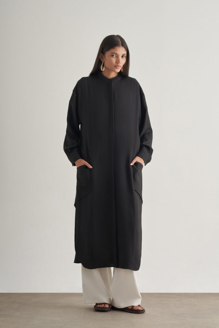 Mizalle Keten Dokulu Verev Cepli Siyah Uzun Tunik - Mizalle