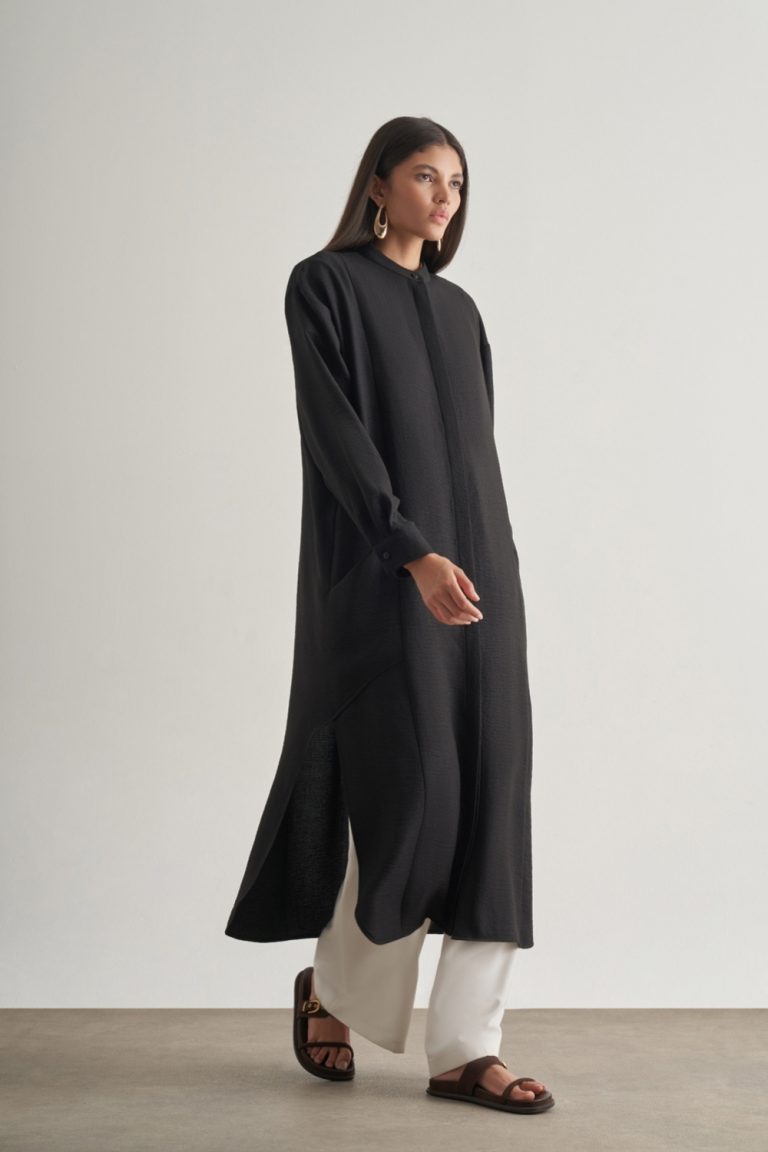 Mizalle Keten Dokulu Verev Cepli Siyah Uzun Tunik - Mizalle