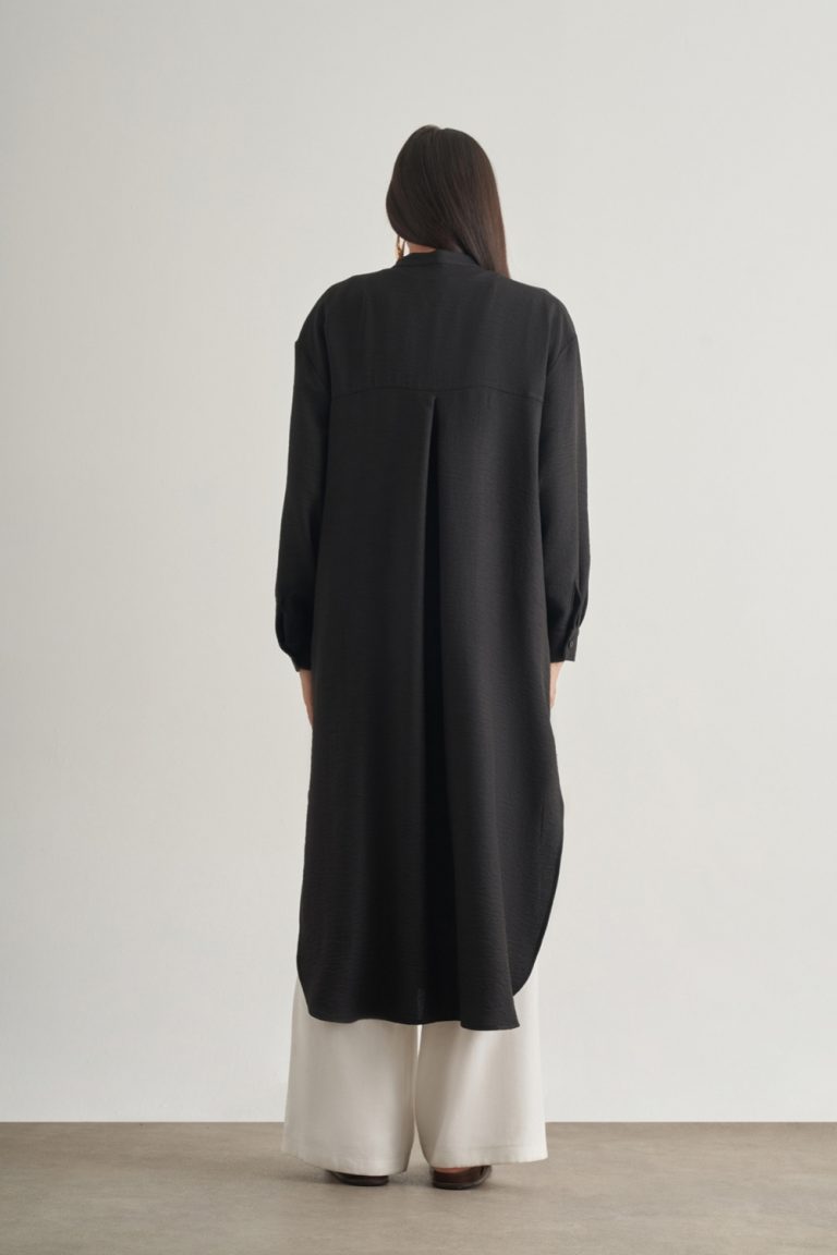 Mizalle Keten Dokulu Verev Cepli Siyah Uzun Tunik - Mizalle