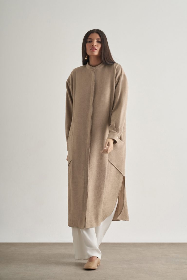 Mizalle Keten Dokulu Verev Cepli Taş Rengi Uzun Tunik - Mizalle
