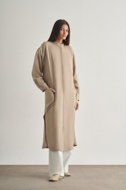 Mizalle Keten Dokulu Verev Cepli Taş Rengi Uzun Tunik - Mizalle