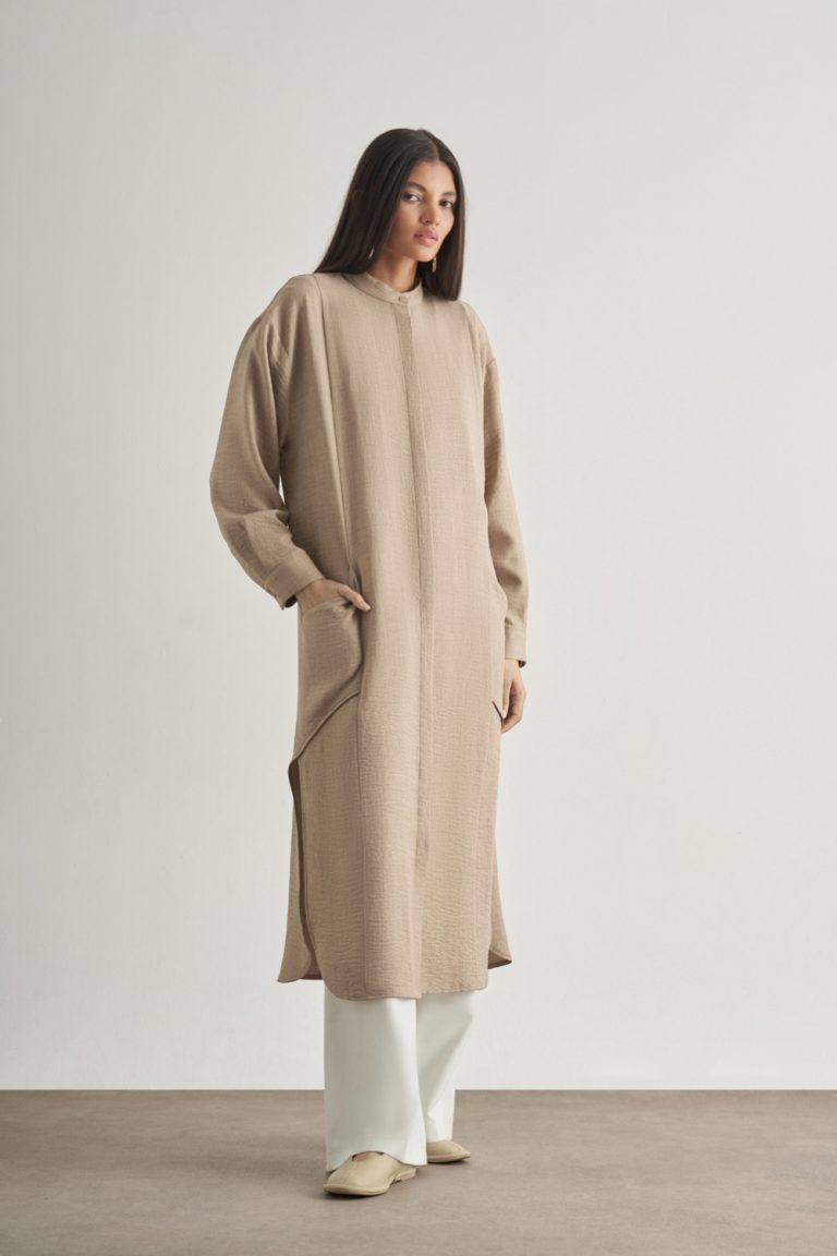 Mizalle Keten Dokulu Verev Cepli Taş Rengi Uzun Tunik - Mizalle