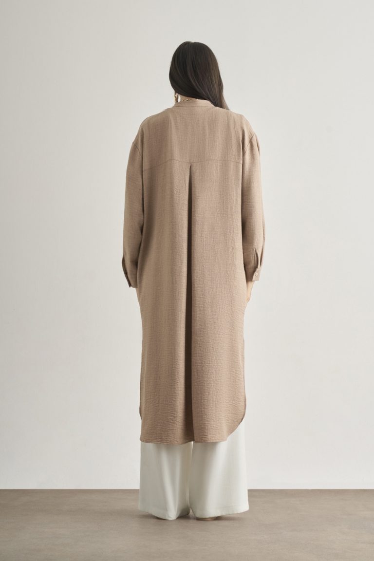 Mizalle Keten Dokulu Verev Cepli Taş Rengi Uzun Tunik - Mizalle