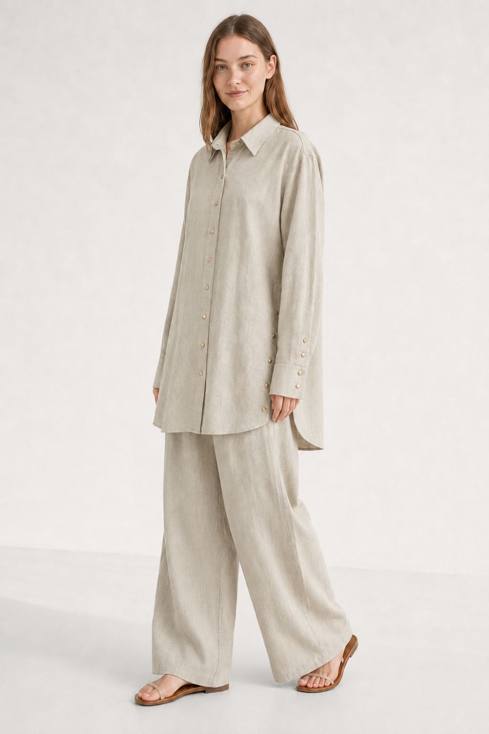 Mizalle Keten Dokulu Yan Düğme Detaylı Oversize Taş Tunik - 1