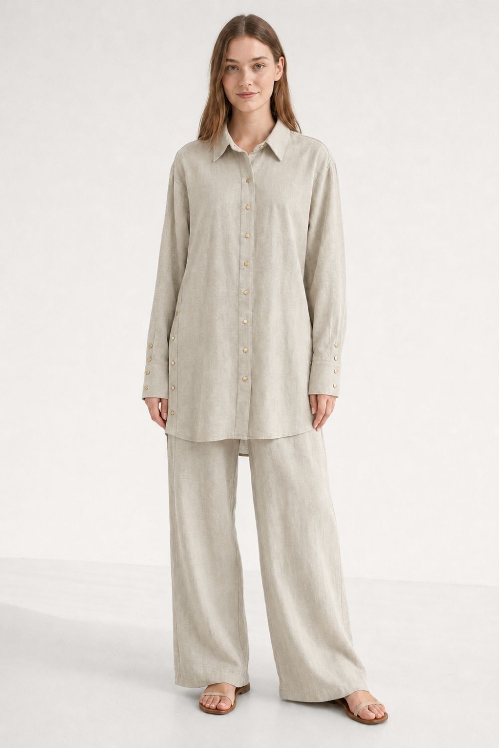 Mizalle Keten Dokulu Yan Düğme Detaylı Oversize Taş Tunik - Mizalle