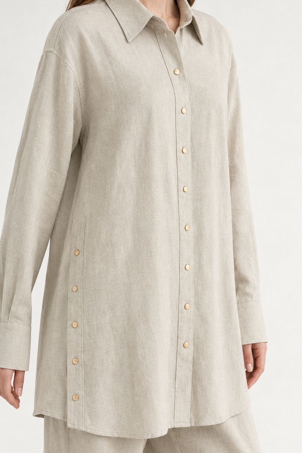 Mizalle Keten Dokulu Yan Düğme Detaylı Oversize Taş Tunik - Mizalle