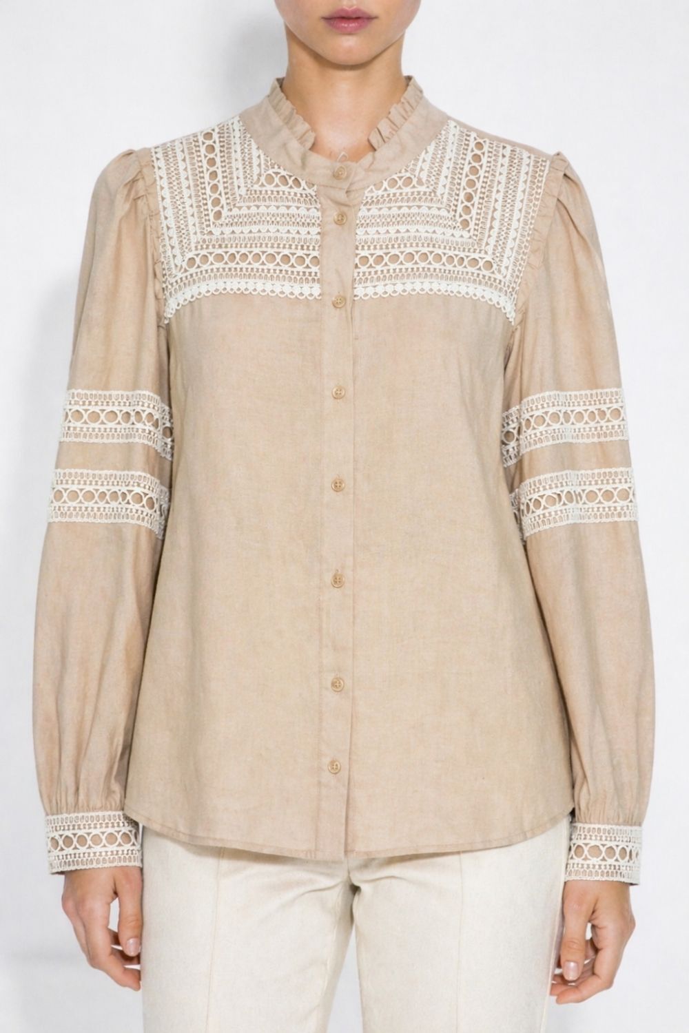 Mizalle Keten Görünümlü Beyaz Brode Detaylı Bej Tunik - 2