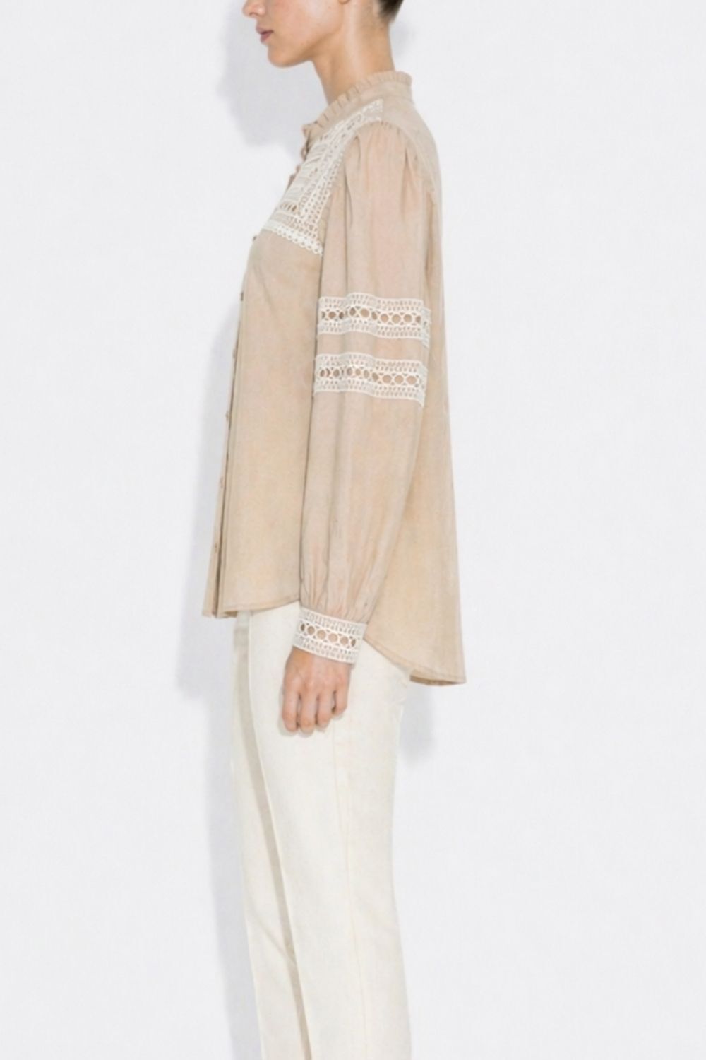 Mizalle Keten Görünümlü Beyaz Brode Detaylı Bej Tunik - 3