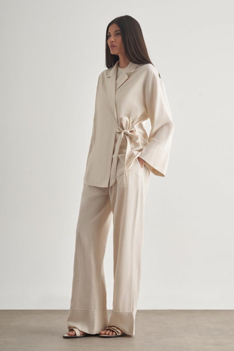 Mizalle Keten Karışımlı Anvelop Bağlı Bej Rengi Kimono Ceket - Mizalle