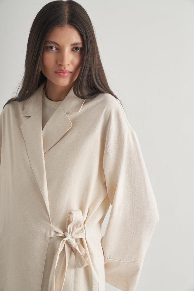 Mizalle Keten Karışımlı Anvelop Bağlı Bej Rengi Kimono Ceket - Mizalle