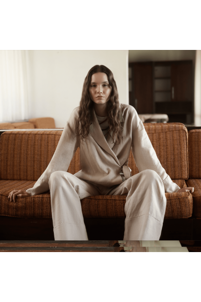 Mizalle Keten Karışımlı Anvelop Bağlı Bej Rengi Kimono Ceket - Mizalle