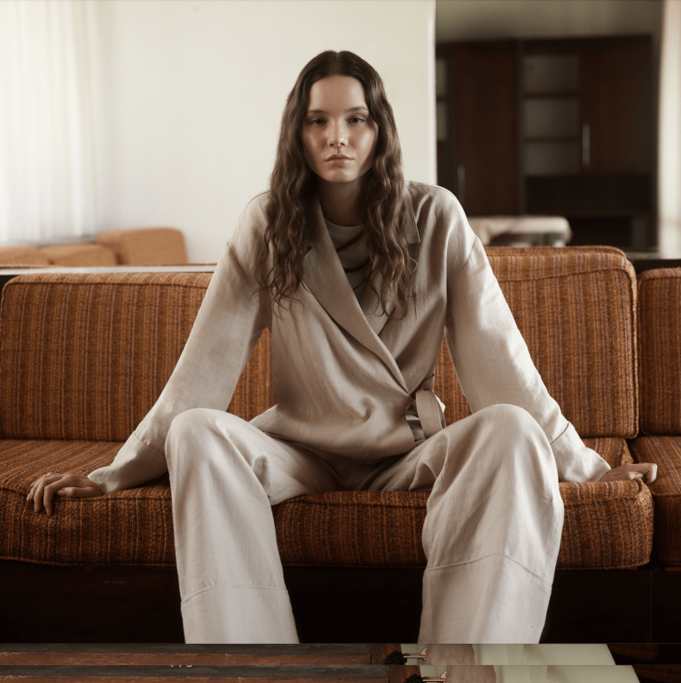 Mizalle Keten Karışımlı Anvelop Bağlı Bej Rengi Kimono Ceket - Mizalle