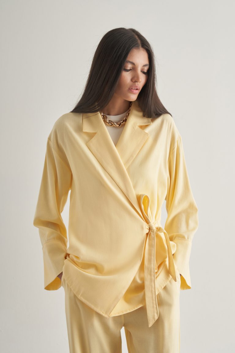 Mizalle Keten Karışımlı Anvelop Bağlı Sarı Kimono Ceket - Mizalle