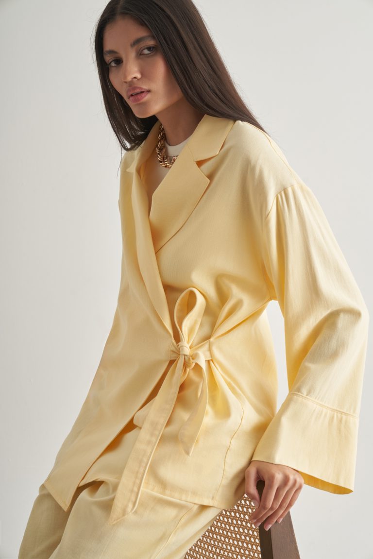 Mizalle Keten Karışımlı Anvelop Bağlı Sarı Kimono Ceket - Mizalle