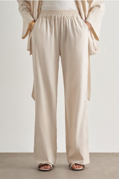 Mizalle Keten Karışımlı Beli Lastikli Geniş Kesim Bej Rengi Pantolon - Mizalle