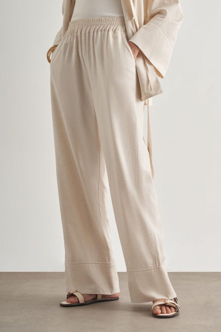 Mizalle Keten Karışımlı Beli Lastikli Geniş Kesim Bej Rengi Pantolon - Mizalle