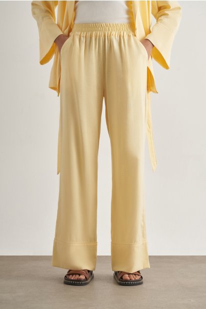 Mizalle Keten Karışımlı Beli Lastikli Geniş Kesim Sarı Pantolon - Mizalle