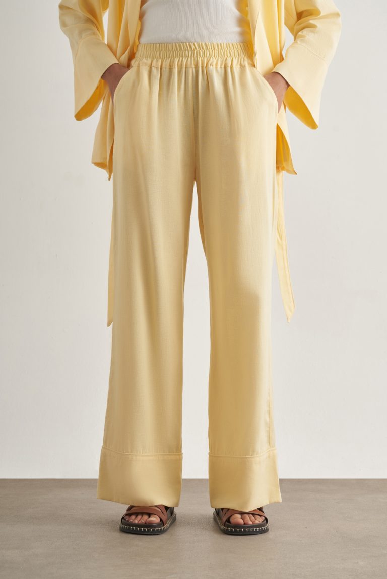 Mizalle Keten Karışımlı Beli Lastikli Geniş Kesim Sarı Pantolon - Mizalle