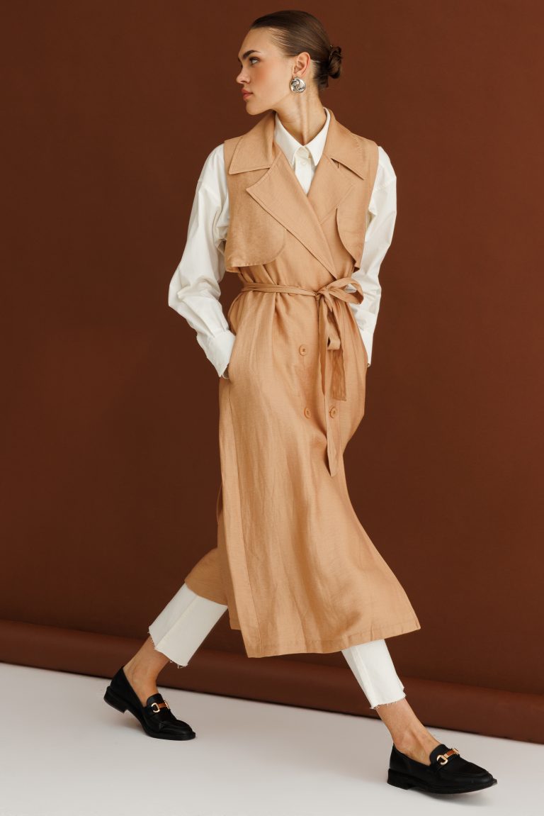 Mizalle Keten Karışımlı Camel Uzun Trençkot Yelek - Mizalle