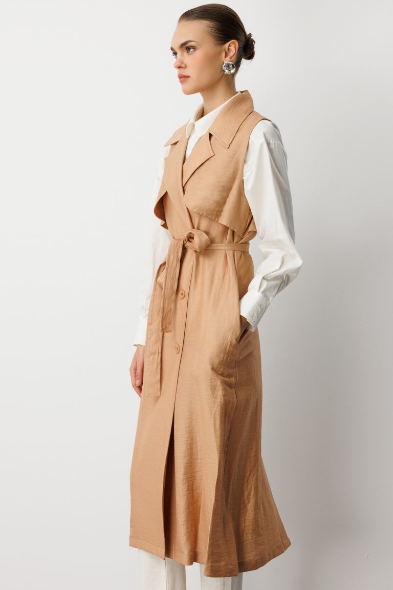 Mizalle Keten Karışımlı Camel Uzun Trençkot Yelek - Mizalle