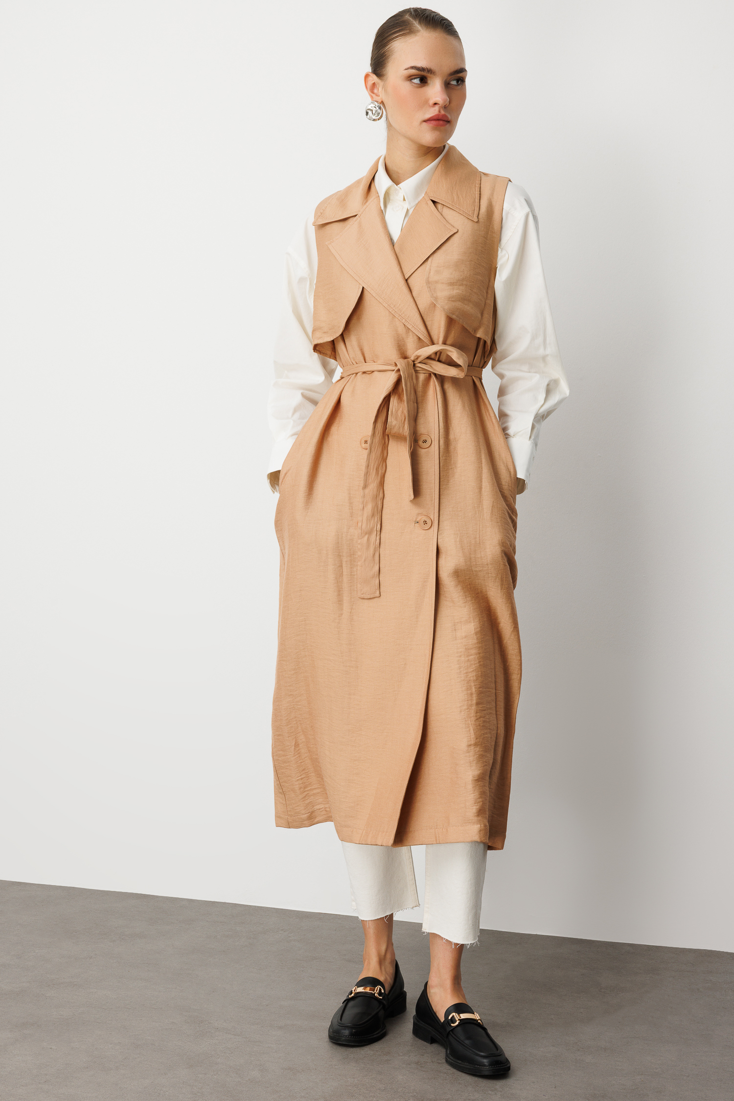 Mizalle Keten Karışımlı Camel Uzun Trençkot Yelek - 3