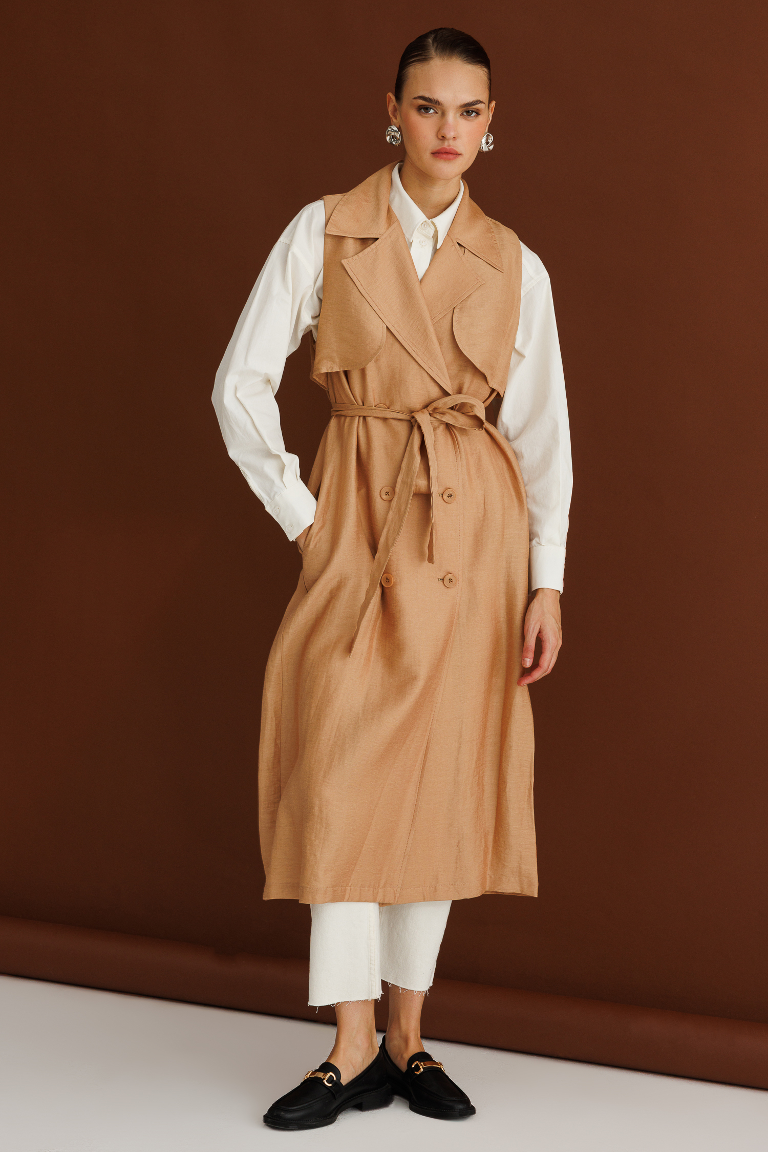 Mizalle Keten Karışımlı Camel Uzun Trençkot Yelek - Mizalle