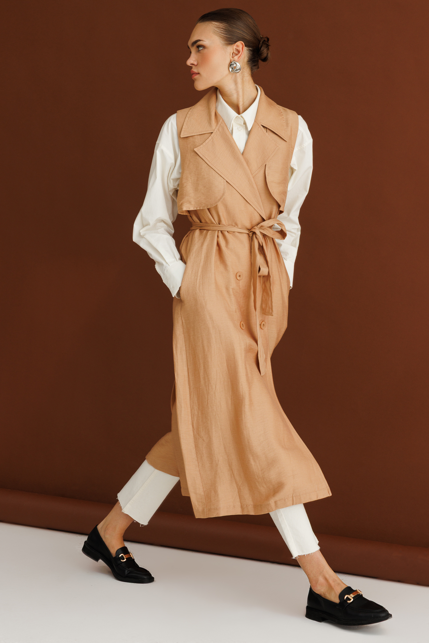 Mizalle Keten Karışımlı Camel Uzun Trençkot Yelek - 5