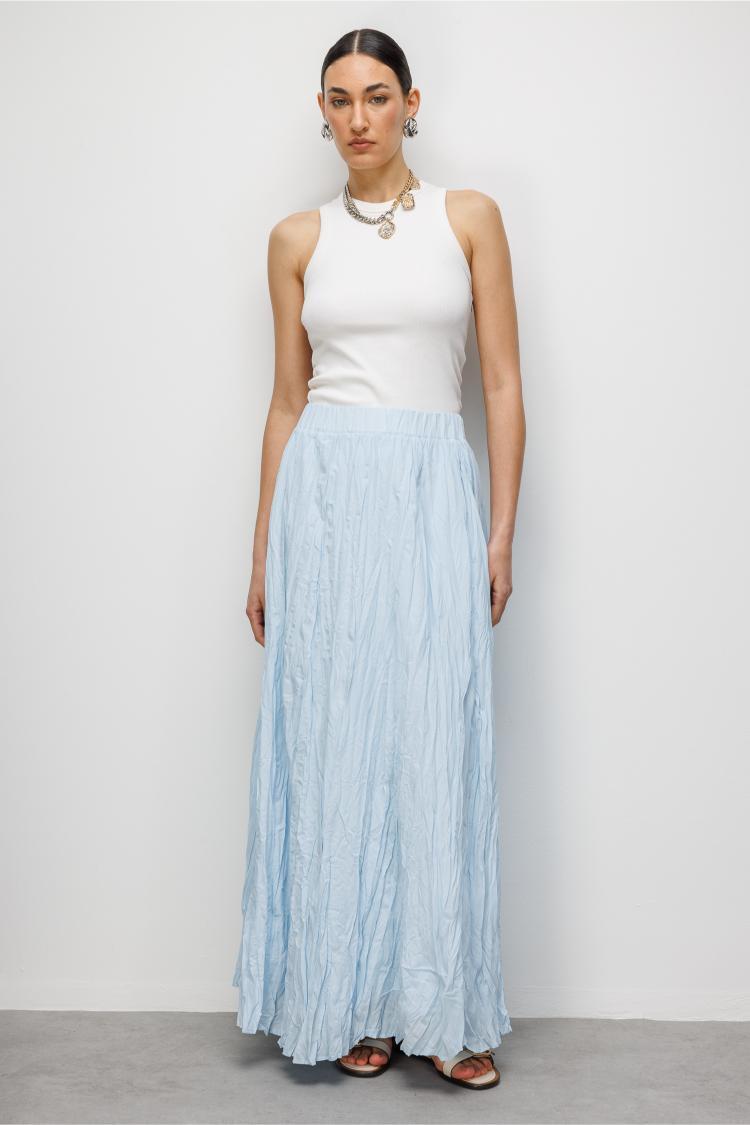 Mizalle Kırışık Görünümlü Saf Pamuk Açık Mavi Maksi Etek - Mizalle