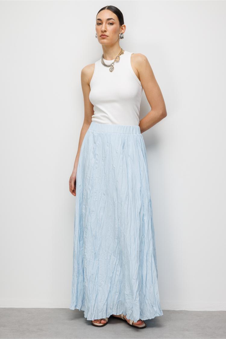 Mizalle Kırışık Görünümlü Saf Pamuk Açık Mavi Maksi Etek - 2