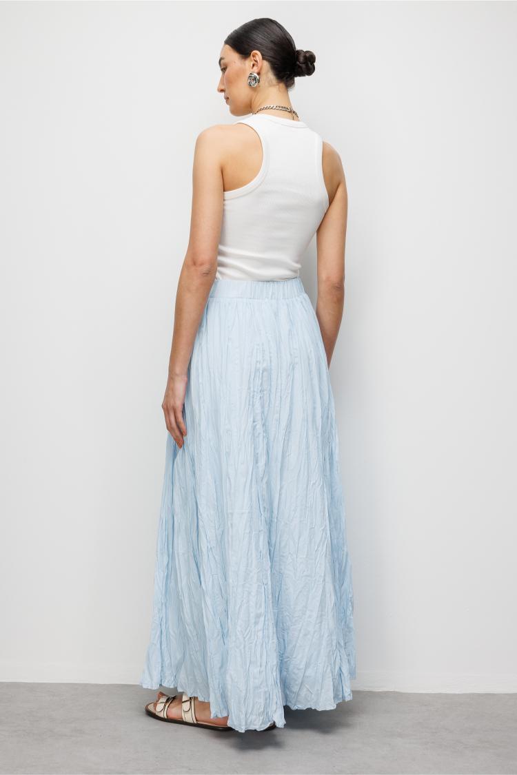 Mizalle Kırışık Görünümlü Saf Pamuk Açık Mavi Maksi Etek - Mizalle
