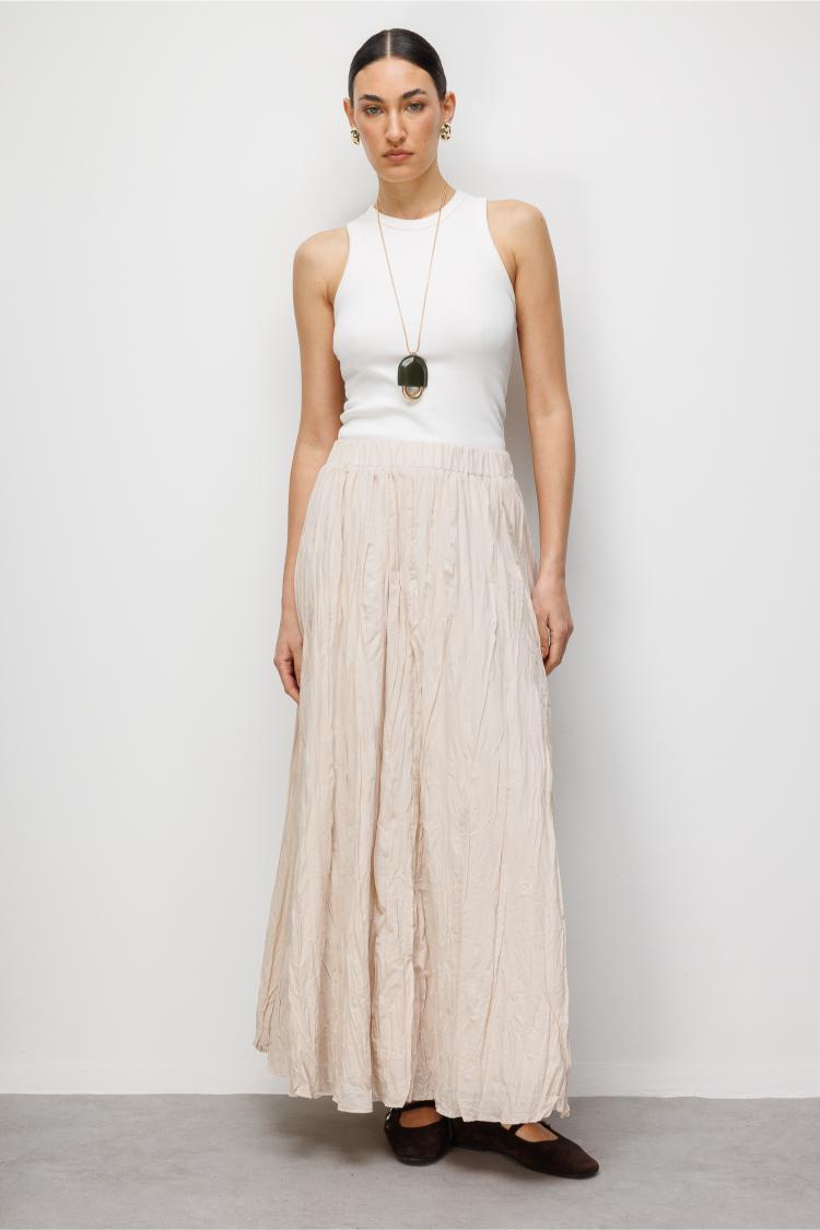 Mizalle Kırışık Görünümlü Saf Pamuk Bej Rengi Maksi Etek - 2