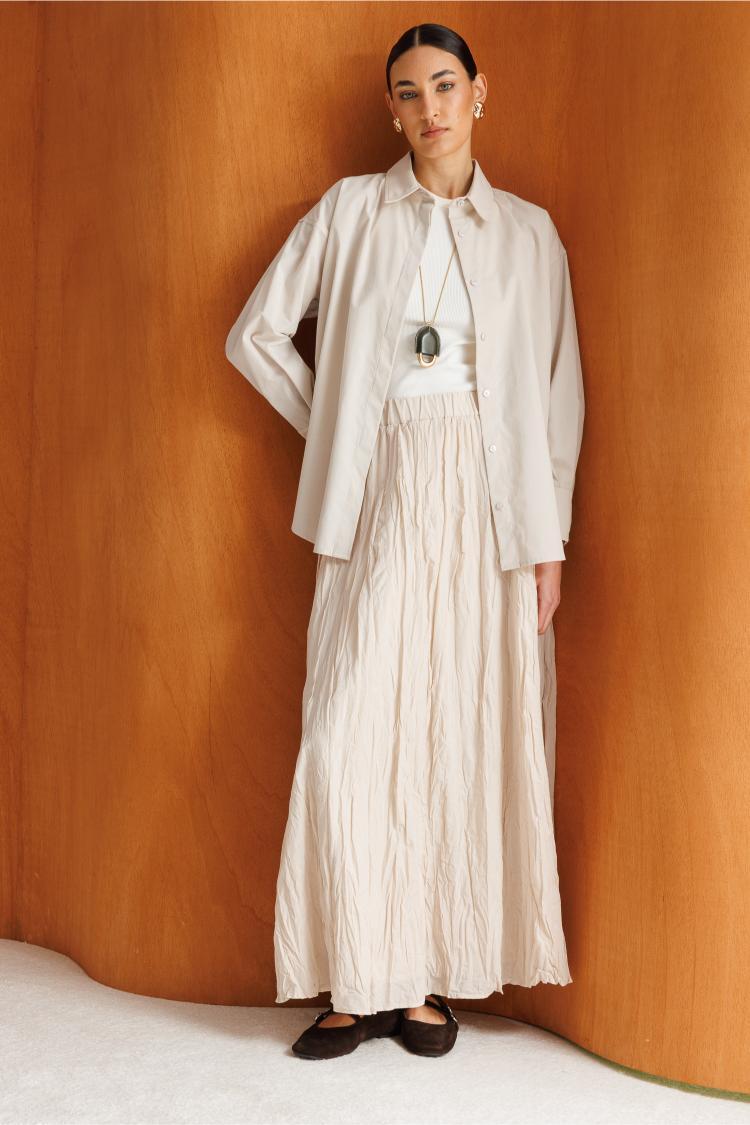 Mizalle Kırışık Görünümlü Saf Pamuk Bej Rengi Maksi Etek - 1