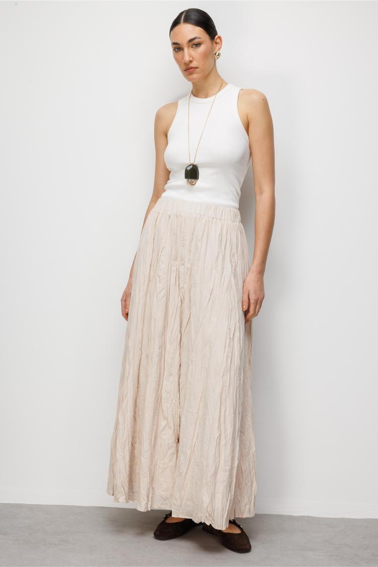 Mizalle Kırışık Görünümlü Saf Pamuk Bej Rengi Maksi Etek - Mizalle