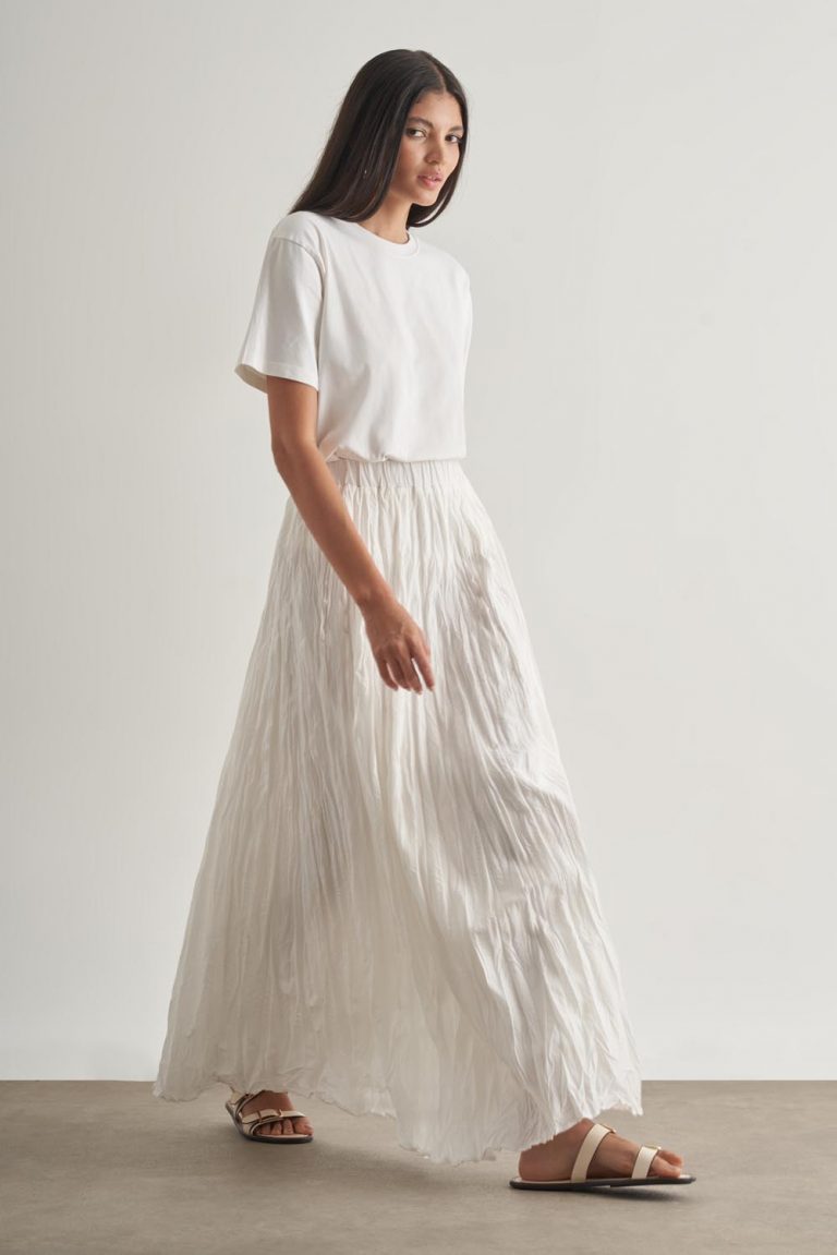 Mizalle Kırışık Görünümlü Saf Pamuk Beyaz Maksi Etek - Mizalle