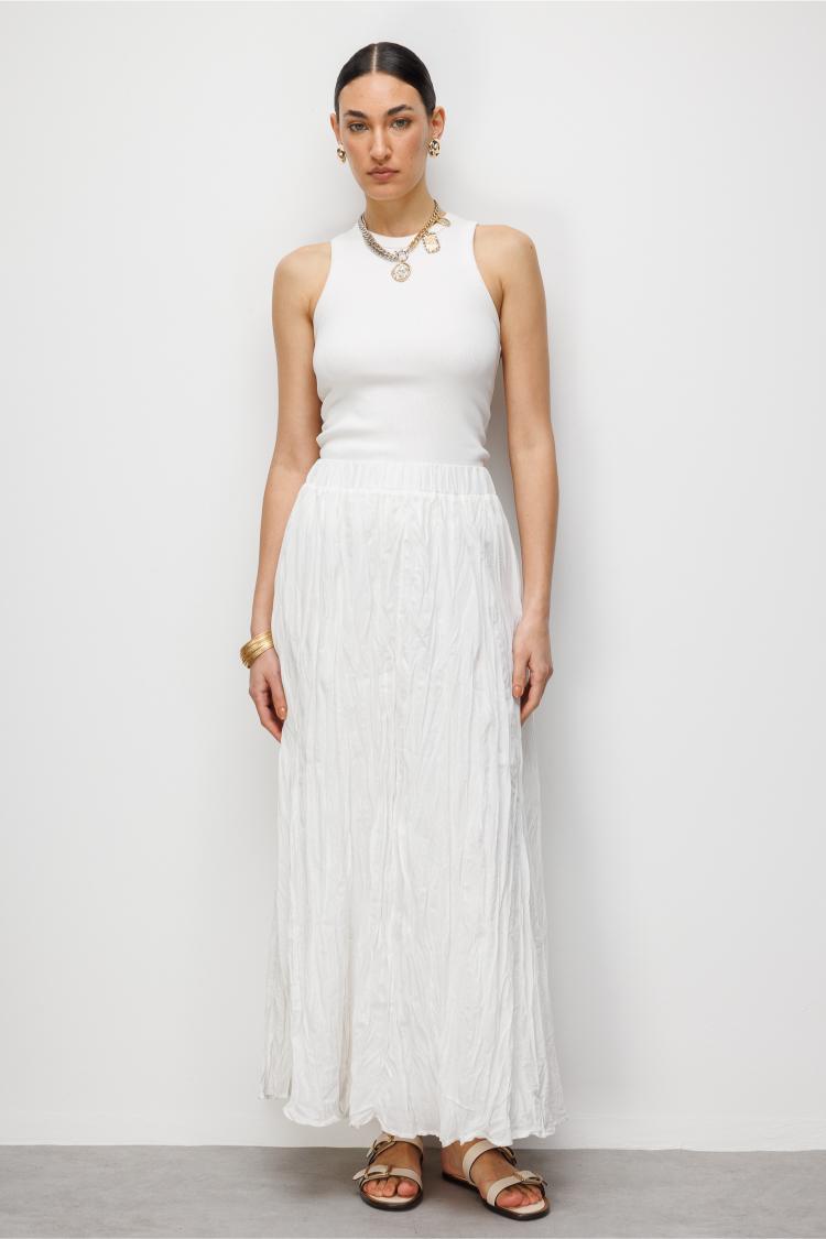 Mizalle Kırışık Görünümlü Saf Pamuk Beyaz Maksi Etek - Mizalle