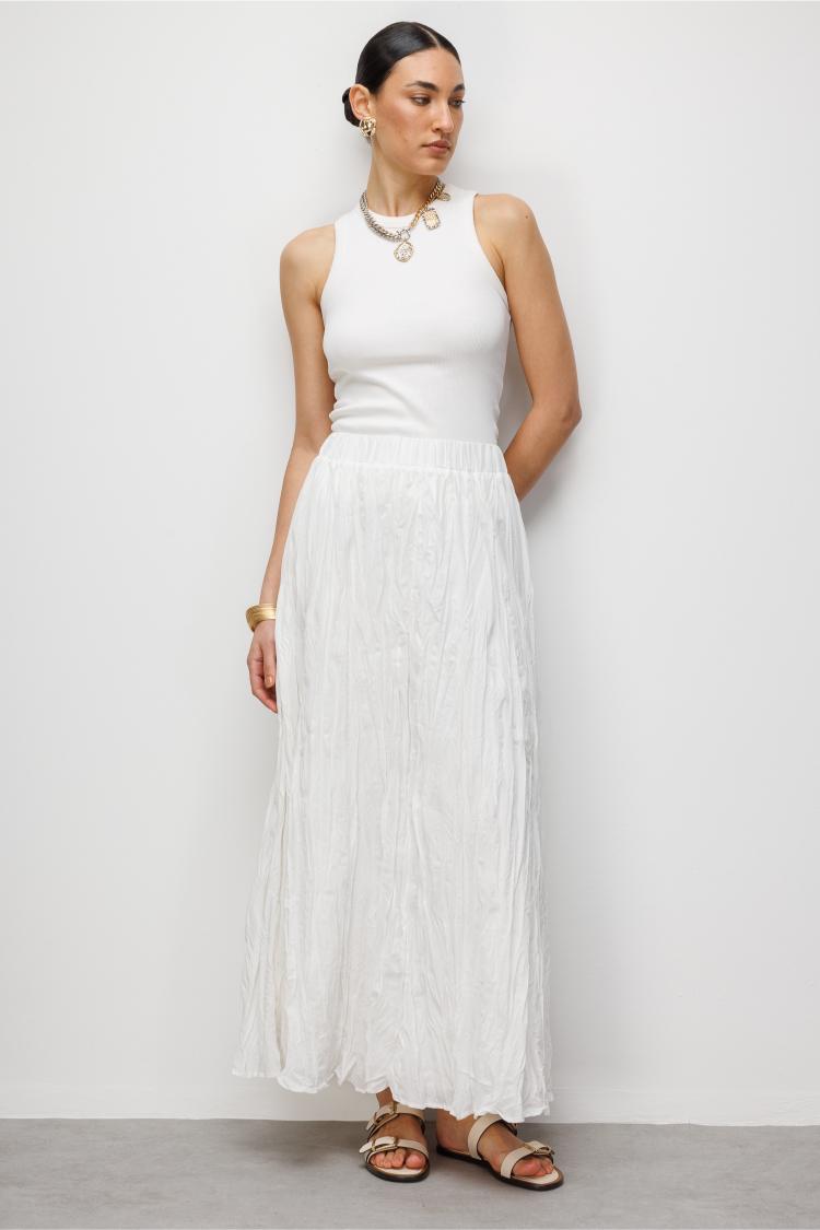Mizalle Kırışık Görünümlü Saf Pamuk Beyaz Maksi Etek - Mizalle