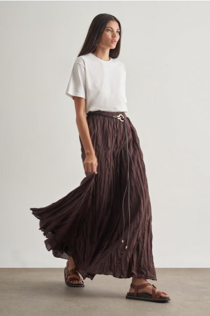 Mizalle Kırışık Görünümlü Saf Pamuk Kahverengi Maksi Etek - Mizalle