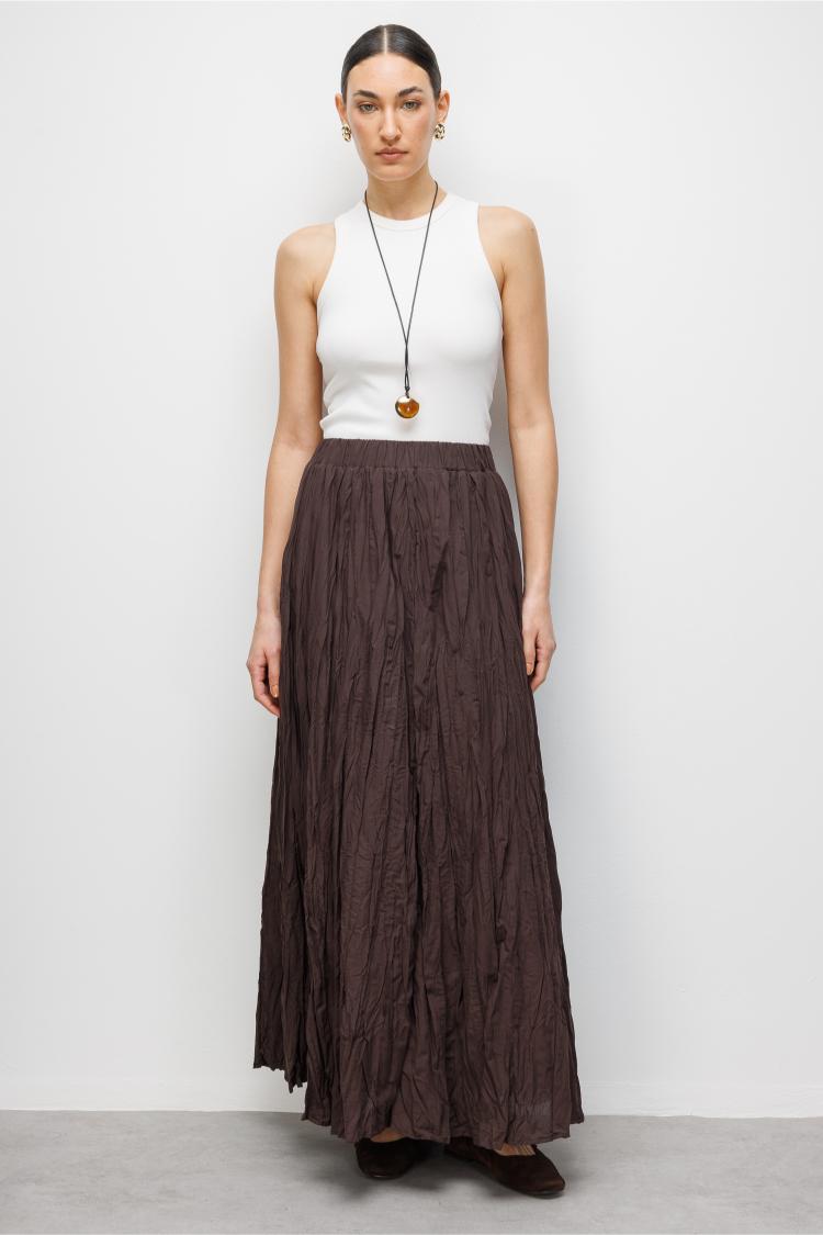 Mizalle Kırışık Görünümlü Saf Pamuk Kahverengi Maksi Etek - Mizalle