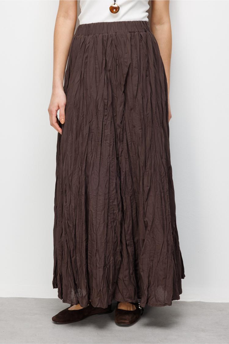 Mizalle Kırışık Görünümlü Saf Pamuk Kahverengi Maksi Etek - Mizalle