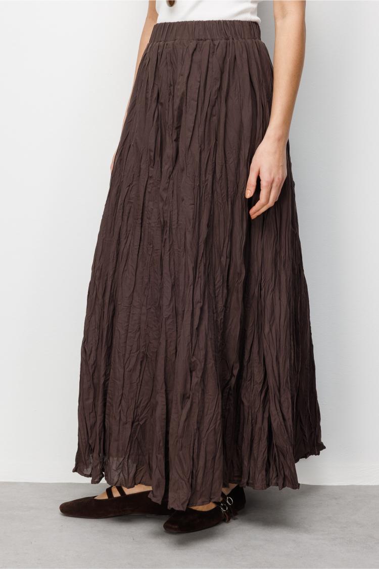 Mizalle Kırışık Görünümlü Saf Pamuk Kahverengi Maksi Etek - 5