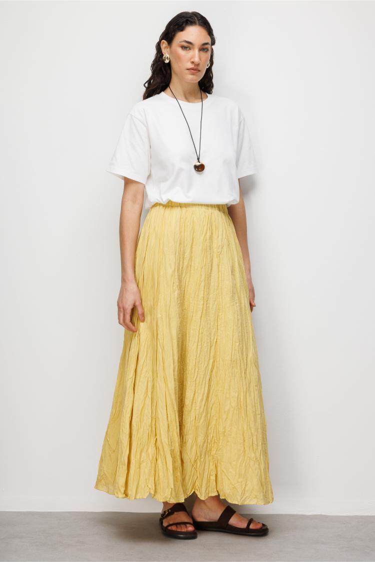 Mizalle Kırışık Görünümlü Saf Pamuk Sarı Maksi Etek - Mizalle