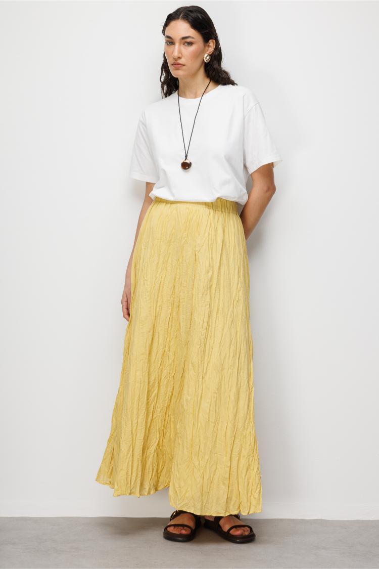 Mizalle Kırışık Görünümlü Saf Pamuk Sarı Maksi Etek - 3