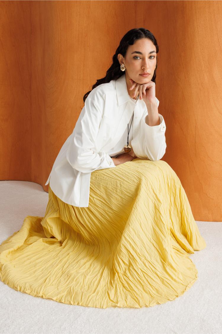 Mizalle Kırışık Görünümlü Saf Pamuk Sarı Maksi Etek - 1