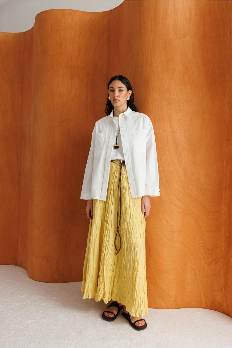 Mizalle Kırışık Görünümlü Saf Pamuk Sarı Maksi Etek - Mizalle