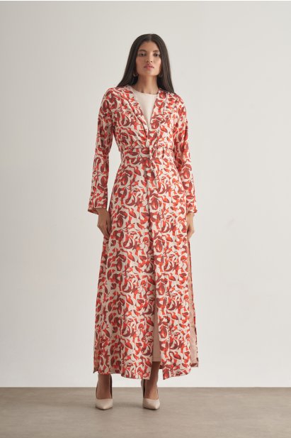 Mizalle Kırmızı Botanik Desenli Kimono Takım - Mizalle